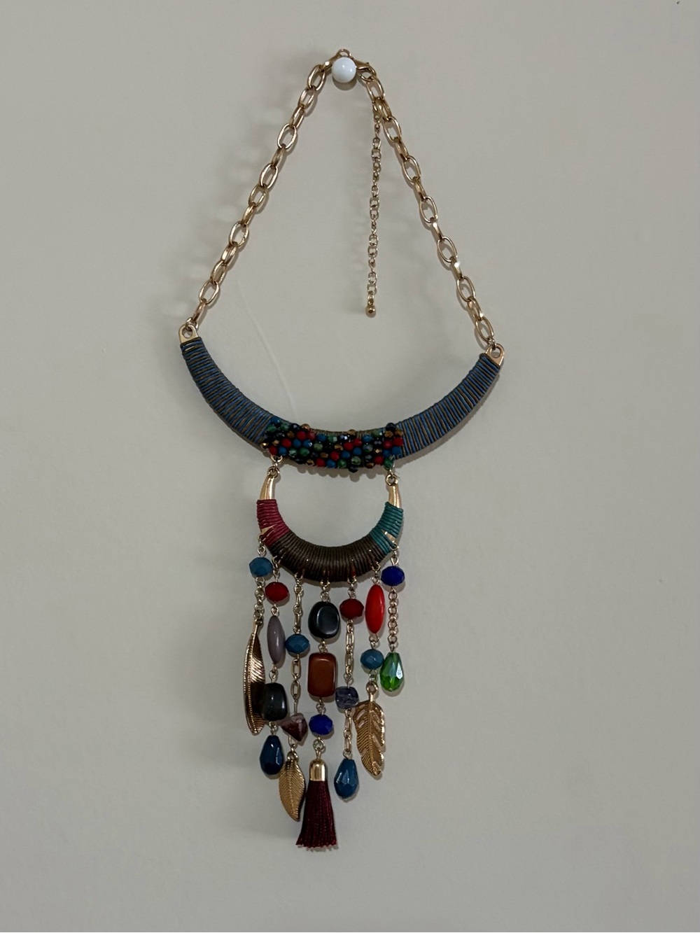 Multicolor Genuine Stone Glass Feather Bib Statement Necklace Gold Tone 14.5in